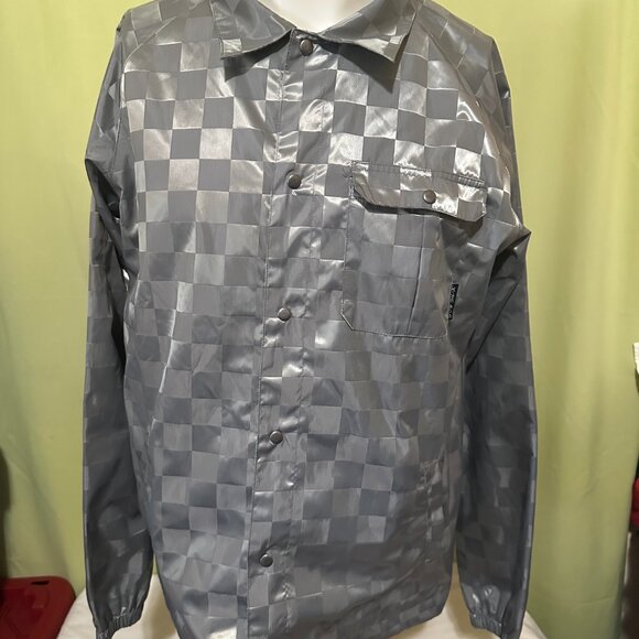 Santa Cruz Men's Checkered Silver Gray Windbreaker Jacket Large Polyester Button - Picture 2 of 7